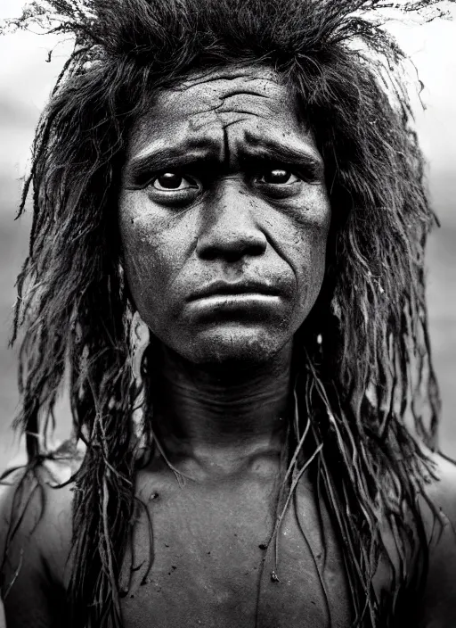 Image similar to Award winning Editorial photo of a Native Nauruans with incredible hair and beautiful hyper-detailed eyes wearing traditional garb by Lee Jeffries, 85mm ND 5, perfect lighting, gelatin silver process