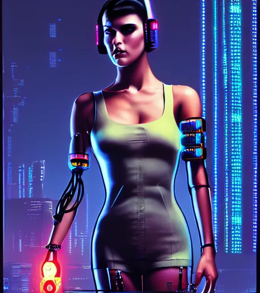 Image similar to cable inserted into head, jacked into cyberdeck wrist terminal, very very beautiful cyberpunk woman, computer, 1 9 7 9 omni magazine cover, style by vincent di fate, cyberpunk 2 0 7 7, very coherent, detailed, 4 k resolution, unreal engine, daz