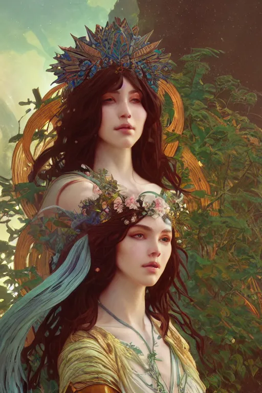 Prompt: goddess of nature, highly detailed, digital painting, artstation, concept art, smooth, sharp focus, illustration, Unreal Engine 5, 8K, art by Ross Tran and greg rutkowski and alphonse Mucha