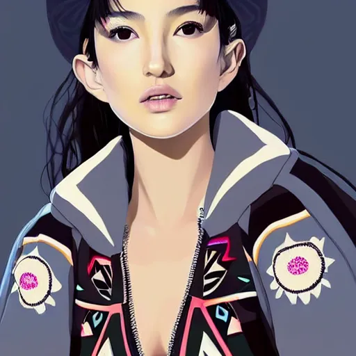 Image similar to a beautiful young japanese natalie portman alluring gravure model, stylized concept art, wearing elaborate oversized designer bomber jacket and one piece bikini, bulky bomber jacket with mesoamerican patterns, mesoamerican native street fashion, princess mononoke, painted by ilya kuvshinov aesthetic, gorgeous, stunning, alluring, attractive, artstation, pinterest, digital art