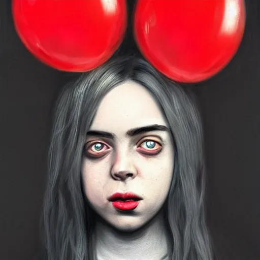 Prompt: surrealism grunge cartoon portrait sketch of billie eilish with a wide smile and a red balloon by - michael karcz, loony toons style, minecraft style, horror theme, detailed, elegant, intricate