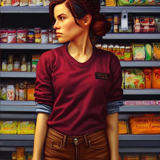 Prompt: an insanely detailed realistic depiction of beautiful jodi from stardew valley standing in the grocery store wearing burgundy sweater under denim jeans, auburn hair, pretty brown eyes, french braid, in the style of peter mohrbacher, artgerm, dramatic lighting and composition, octane render, trending on artstation, concept art 8 k