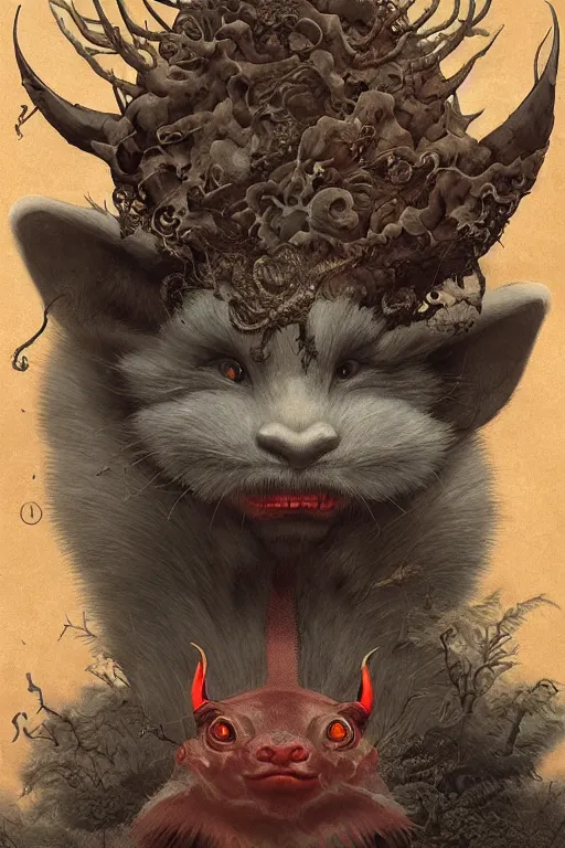 Image similar to a portrait of a japanese devil animal illustrated by miyazaki by karol bak, james jean, tom bagshaw, rococo, sharp focus, trending on artstation, cinematic lighting, hyper realism, octane render, 8 k, hyper detailed, vivid, ultra detailed, highly detailed