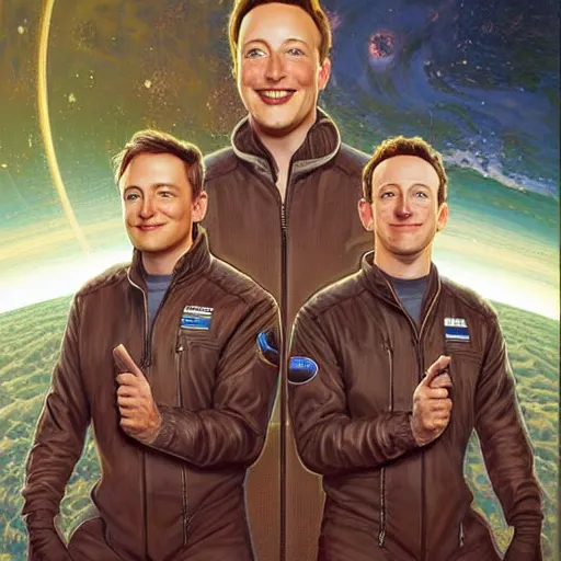 Image similar to portrait of elon musk, mark zuckerberg and jeff bezos together, looking at planet earth, very detailled, art contest winner on behance, trendy on deviantart, donato giancola, joseph christian leyendecker, les edwards, ed repka, wlop