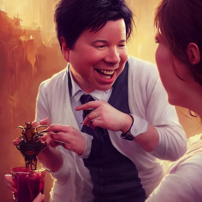 Image similar to michael mcintyre flirting with a singing waitress, elegant, real life skin, intricate artwork, high detailed, artstation, concept art, smooth, sharp focus, art by artgerm and greg rutkowski