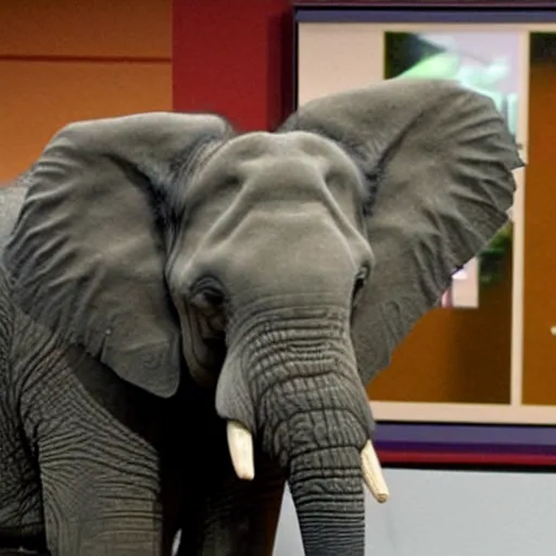 Prompt: an elephant plays dwight on the office tv show