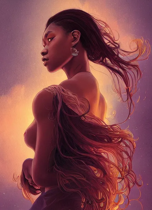 Image similar to handsome young black women with shoulder length brown hair, half body shot, path traced, highly detailed, high quality, digital painting, alena aenami, lilia alvarado, shinji aramaki, karol bak, alphonse mucha, tom bagshaw