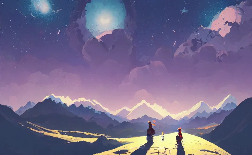 Prompt: mountains, stars and paisley filled sky, artstation, intricate, highly detailed, digital painting, concept art, sharp focus, illustration by Yoshitaka Amano and James Gilleard