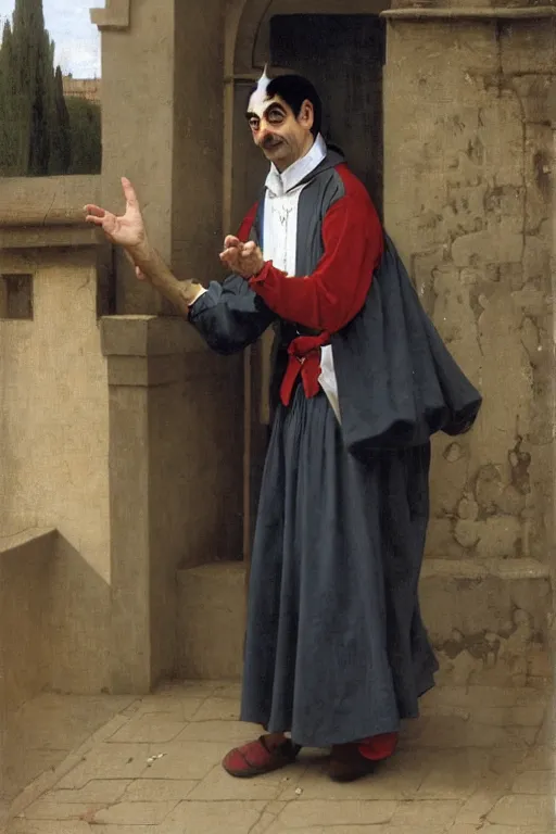 Prompt: Mr Bean as a medieval jester, dancing in a courtyard, bouguereau
