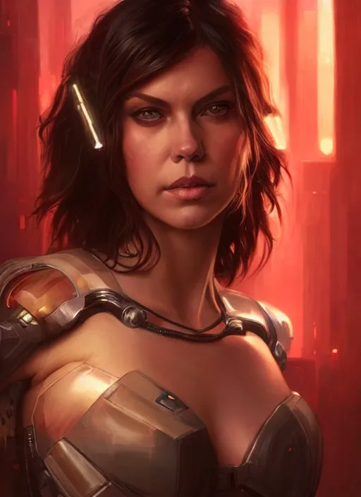 Image similar to lauren cohan with cyberpunk implants,, incredibly detailed face, pretty face, light dress, deep focus, fantasy, intricate, elegant, digital painting, artstation, concept art, matte, sharp focus, true anatomy, art by artgerm and greg rutkowski and alphonse mucha