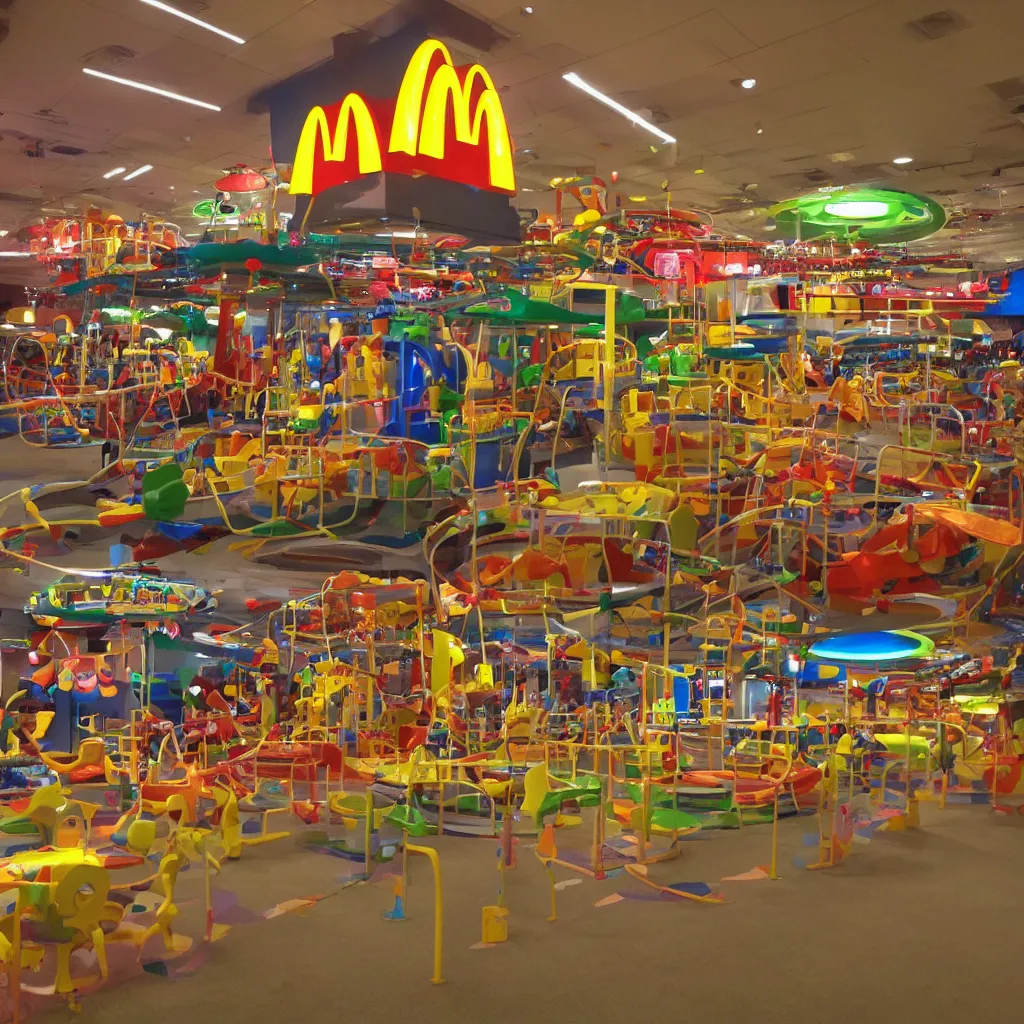 Image similar to a giant mcdonald's play place at night with the lights off after hours