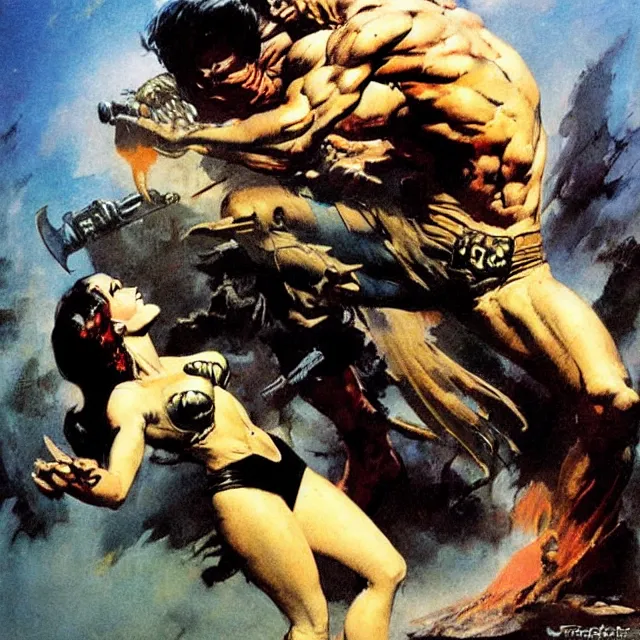 Image similar to artwork by frank frazetta