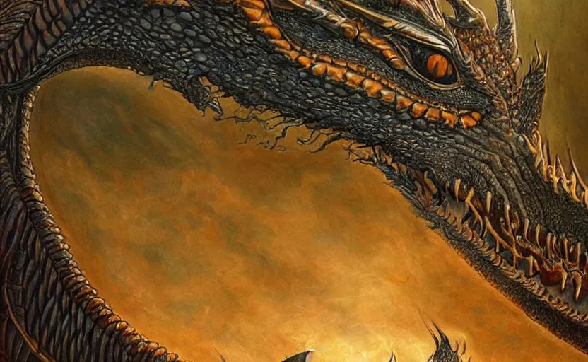 Prompt: a close up of a painting of a dragon, an ultrafine detailed painting by John Howe, by György Vastagh, by Jeffrey Smith, behance contest winner, space art, lovecraftian, cosmic horror, biomorphic