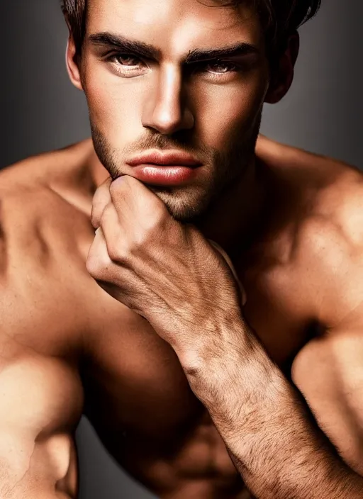 Prompt: a gorgeous male photo, professionally retouched, award winning, hyperdetailed, soft lighting, brown hair, muscles, sharp jaw, realistic, smooth face, perfect brown eyes looking at the camera, wide angle, sharp focus on eyes, 8 k high definition, insanely detailed, intricate, elegant, art by annie leibovitz