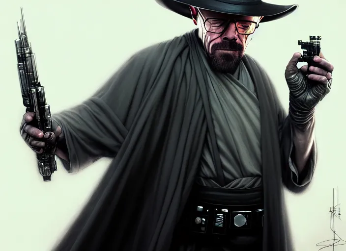 Prompt: wideangle!! portrait shot of heisenberg as a sith in star wars, intricate, elegant, highly detailed, centered, digital painting, artstation, concept art, smooth, sharp focus, illustration, artgerm, tomasz alen kopera, peter mohrbacher, donato giancola, joseph christian leyendecker, wlop, boris vallejo