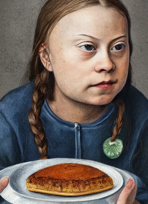 Image similar to greta thunberg eating cakes painted by hieronymus bosch, detailed digital art, trending on Artstation