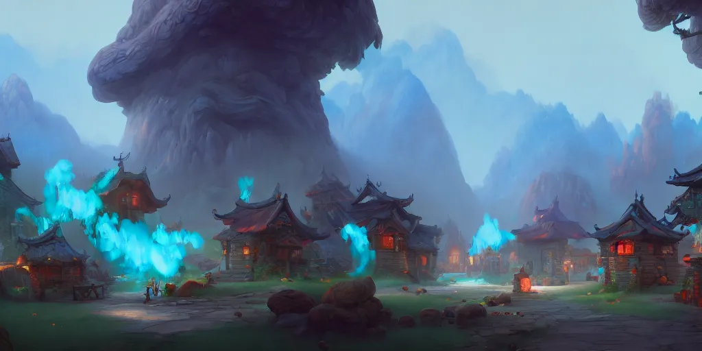 Image similar to smurf village, extremely detailed digital painting, in the style of fenghua zhong and ruan jia and jeremy lipking and peter mohrbacher, mystical colors, rim light, beautiful lighting, 8 k, stunning scene, raytracing, octane, trending on artstation