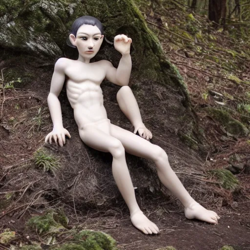 Prompt: Small humanoid creature. Smooth pale grey skin. Black eyes. Loincloth. Sitting in the forest. Detailed face Photo 8K.