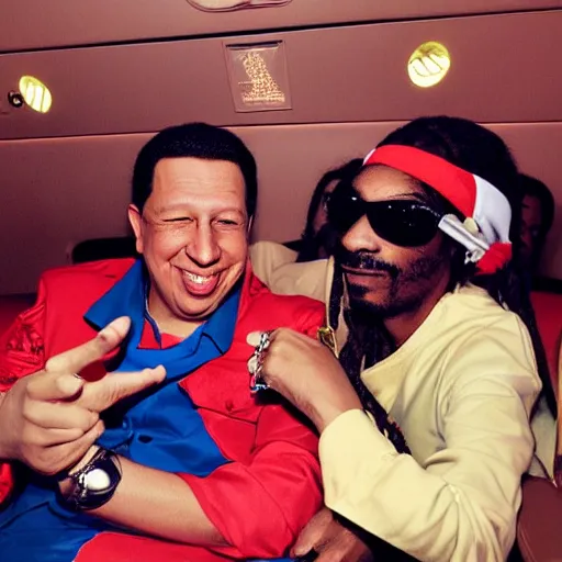 Prompt: hugo chavez smoking with snoop dog in a party inside a private jet, realistic render, award winning photography, luxury