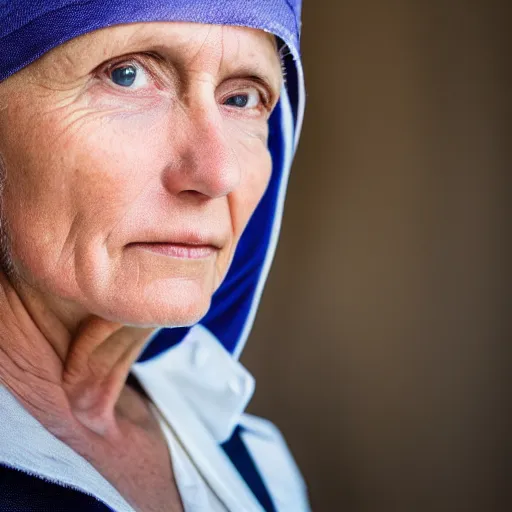 Image similar to a portrait photograph of a serious, spiritual, 4 9 - year - old nun american oil - and - gas worker canon 8 5 mm f 1. 2 photograph head and shoulders portrait