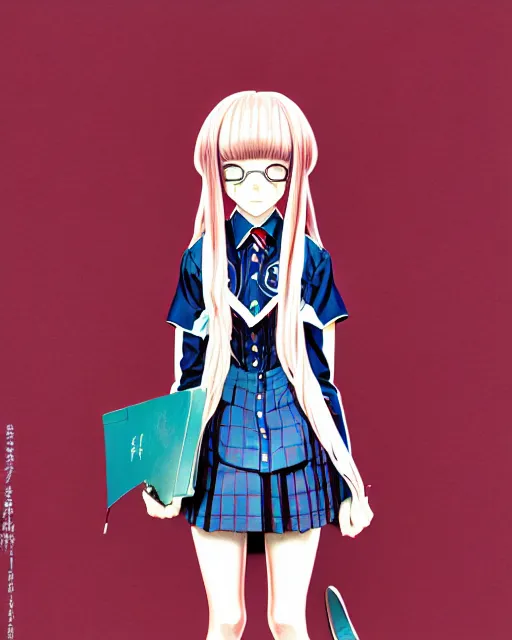 Image similar to richly detailed color  illustration of a young truant female loner prep highschool student surrounded by beautiful cursive writing, large format image. illustrated by Range Murata. 3D shadowing.