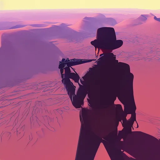 Image similar to gunslinger overlooking the desert, Art Deco, cel-shading, unity, 8k, 4k, pixiv