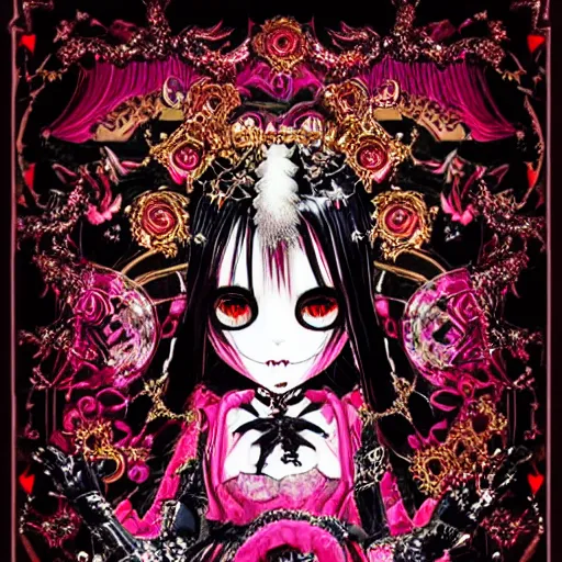 Image similar to baroque bedazzled gothic royalty frames surrounding a pixelsort emo demonic horrorcore japanese yokai doll, low quality sharpened graphics, remastered chromatic aberration spiked korean bloodmoon sigil stars draincore, gothic demon hellfire hexed witchcore aesthetic, dark vhs gothic hearts, neon glyphs spiked with red maroon glitter breakcore art by guro manga artist Shintaro Kago