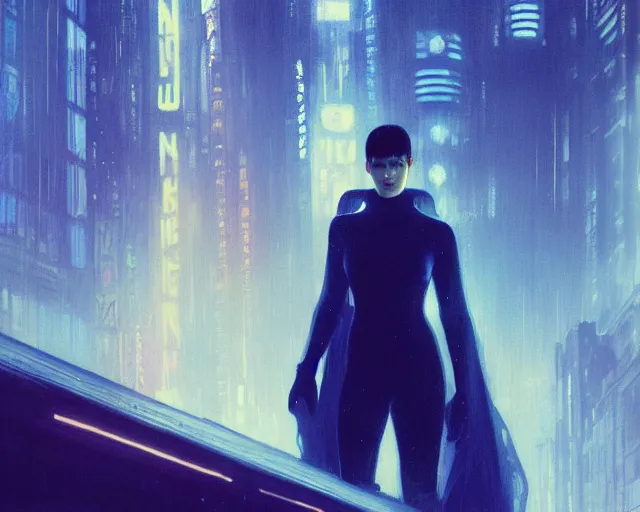 Image similar to 2 0 1 8 blade runner movie still girl look at the cityscape from roof perfect face fine realistic face pretty face reflective polymer suit tight neon puffy jacket blue futuristic sci - fi elegant by denis villeneuve tom anders zorn hans dragan bibin thoma greg rutkowski ismail inceoglu illustrated sand storm alphonse mucha