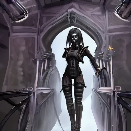 Prompt: a female space pirate, dark skin, standing in the center of a gothic bridge digital painting.