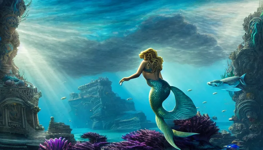 Prompt: a beautiful mermaid looking at the sunken city of Atlantis under water, rays of sunlight, stunning grand architecture, fish and sea creatures in background, art by Tim Doyle, 8k octane beautifully detailed render, post-processing, extremely hyperdetailed, intricate, epic composition, grim yet sparkling atmosphere, cinematic lighting + masterpiece, trending on artstation, very detailed, vibrant colors, Art Nouveau, volumetric god rays, deep underwater scene, sharp focus, smooth, dizzy, moody