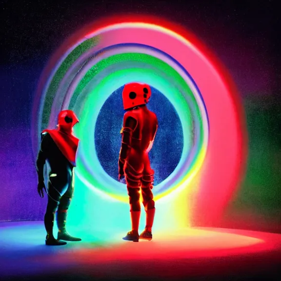 Prompt: two time emperors wearing techno visors and red rick owens flight suits with their hands behind their backs inside the glowing geometric rainbow portal to the sixth dimension by frank frazetta