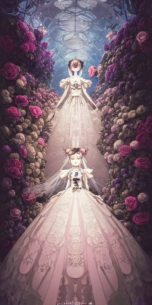 Image similar to the beautiful hyperdetailed physical rendering of a rose wedding gothic lolita dress clothing design display in exhibition hall, exhibition hall lighting, in the style of makoto shinkai victo ngai and peter mohrbacher studio ghibli artgerm karol bak beeple, surrealistic style, close range, 8 k hd, 3 drender