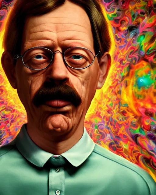 Prompt: portrait ultra dimensional ned flanders entity, accidentally tripping on dmt and acid, psychedelic experience, overwhelming psychosis of self realization and burning awakening, ultra high definition, unreal engine 5, hyperrealism, masterpiece composition, by casey weldon, barclay shaw 8 k photorealistic