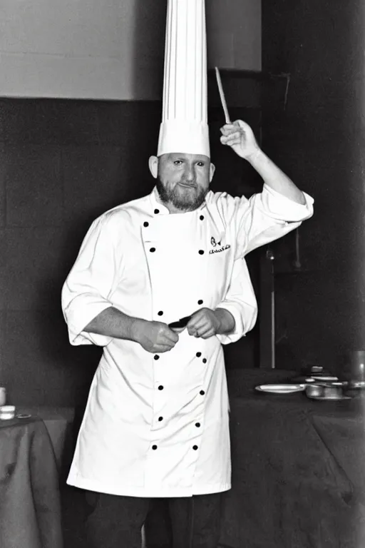 Image similar to A chef with a chef's hat taller than him, Ansel Adams
