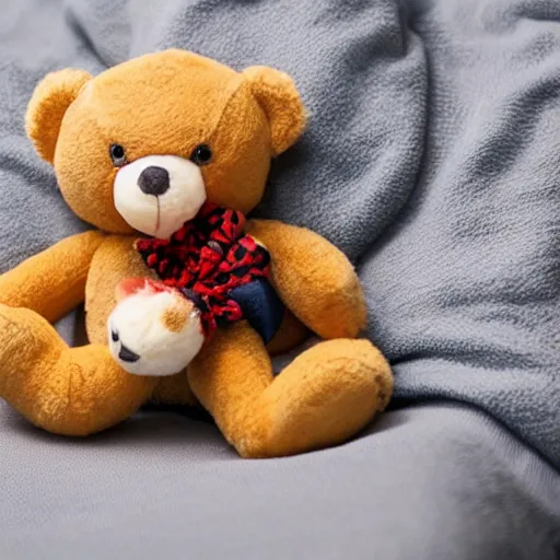 Prompt: cute spider cuddling a teddy bear while it lays in bed