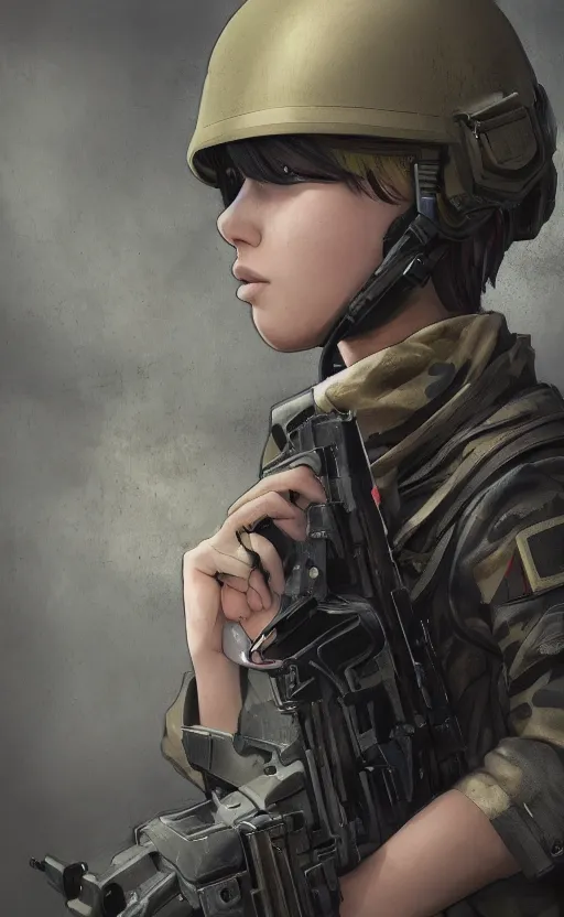 Image similar to a girl, urban warfare, soldier clothing, combat helmet, anime style, short hair, hair down, symmetrical facial features, from arknights, hyper realistic, 4 k, rule of thirds, extreme detail, detailed drawing, trending artstation, hd, escape from tarkov, realistic lighting, by alphonse mucha, greg rutkowski, sharp focus, backlit