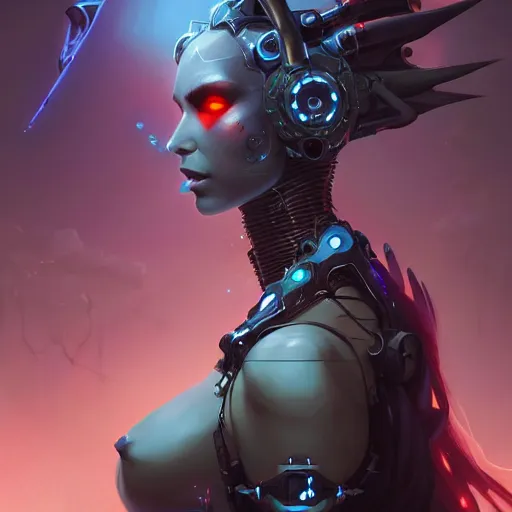 Image similar to a portrait of a beautiful demonic cybernetic grand duchess of hell, cyberpunk concept art by pete mohrbacher and wlop and artgerm and josan gonzales, digital art, highly detailed, intricate, sci-fi, sharp focus, Trending on Artstation HQ, deviantart, unreal engine 5, 4K UHD image