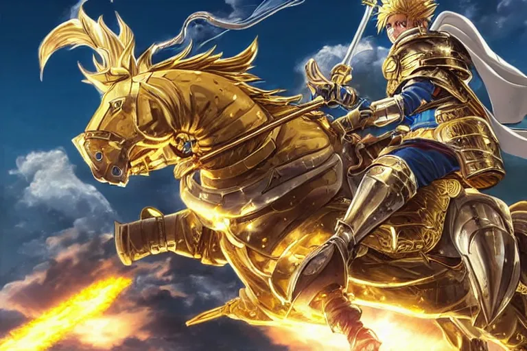 Prompt: an ultra detailed portrait of king richard the lionhearted as a paladin shonen anime protagonist charging into battle wearing bright gold armor and riding a horse blessed by god, epic anime fantasy, 8 k, volumetric lighting, smooth, highly detailed, digital illustration, art by kentaro miura and akira toriyama and artgerm