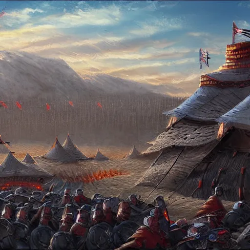 Image similar to Medieval Mongolian army camp at dawn before battle As featured on Artstation By Randy Vargas