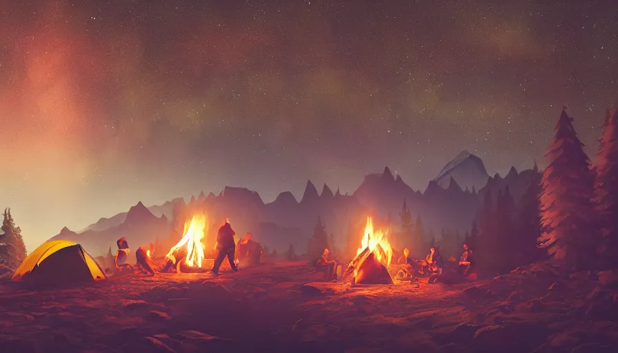 Image similar to survivor camp with campfire at night, guitar, tents, hill, mountains, forest, stars in the sky, hyperdetailed, artstation, cgsociety, 8 k