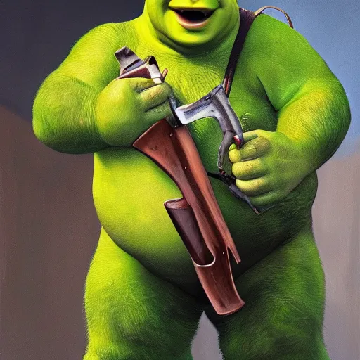 Image similar to hyper realistic oil painting of shrek holding a weapon in the back rooms