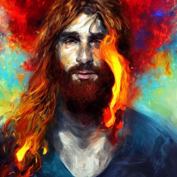 Image similar to abstract painting of man on fire. Handsome. Long hair. portrait. ArtStation. Impressionist