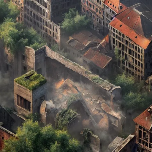 Image similar to aerial view of ruins of munich!!!, vegetation!!!, rubble!!, rusty cars!! hyperrealistic, highly detailed, cinematic, foggy light from fires, beautiful, cgssociety, artstation, 8 k, oil painting by greg rutkowski, by artgerm, by wlop