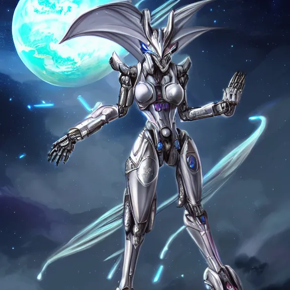 Image similar to goddess shot, galactic sized stunning hot anthropomorphic robot mecha female dragon, in space, larger than planets, holding the earth, the earth a mere marble in her claws, detailed silver armor, epic proportions, epic scale, digital art, furry, macro, dragon, giantess, warframe fanart, destiny fanart, furaffinity, deviantart, realistic