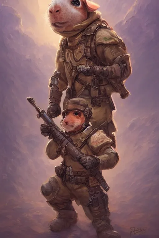 Image similar to cute little anthropomorphic Guinea Pig Army Ranger, wielding an M4, tiny, small, short, Desert camouflage, cute and adorable, pretty, beautiful, DnD character art portrait, matte fantasy painting, DeviantArt Artstation, by Jason Felix by Steve Argyle by Tyler Jacobson by Peter Mohrbacher, cinematic lighting