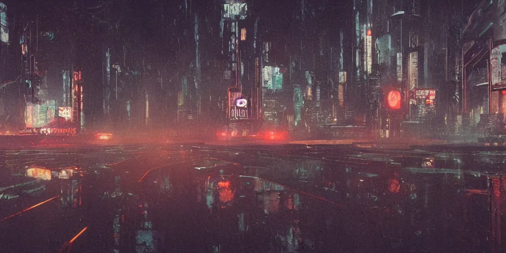 Image similar to 35mm photography film still landscape of cyberpunk city with industrial fires and smog, futuristic dystopian megacity skyline, rain falling, matte painting, cyberpunk noir, neon, sharp focus