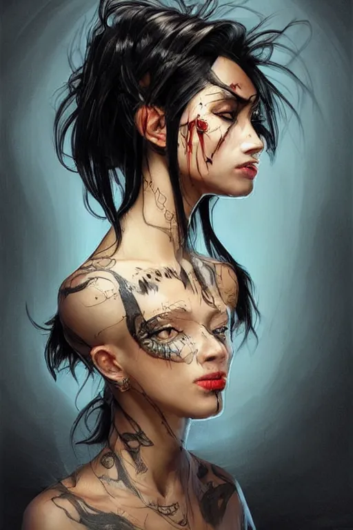 Image similar to woman with sleak outsider rebel style cloth, tatoo spiky black hair and dark skin, profile , backlight, dramtic lighting, amber eyes, long thin scar on her face. highly detailed, digital painting, artstation, concept art, sharp focus, beautiful face, expressive eyes, illustration, art by Artgerm and greg rutkowski and alphonse mucha