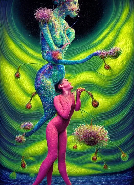 Prompt: hyper detailed 3d render like a chiariscuro Oil painting - Aurora (Singer) looking adorable and seen in dynamic pose joyfully Eating of the Strangling network of yellowcake aerochrome and milky Fruit and Her delicate Hands hold of gossamer polyp blossoms bring iridescent fungal flowers whose spores black the foolish stars to her smirking mouth by Jacek Yerka, Mariusz Lewandowski, Houdini algorithmic generative render, Abstract brush strokes, Masterpiece, Edward Hopper and James Gilleard, Zdzislaw Beksinski, Mark Ryden, Wolfgang Lettl, hints of Yayoi Kasuma, octane render, 8k