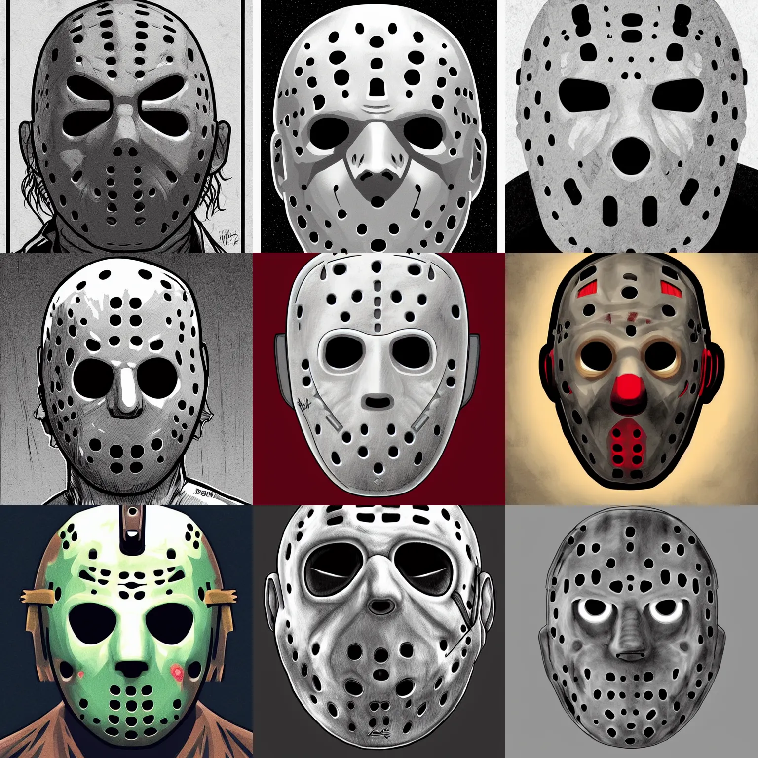 Prompt: centered cell shaded! scary head portrait of jason voorhees! concept art, llustration, horror, concept art by laurie greasley, dramatic concept art