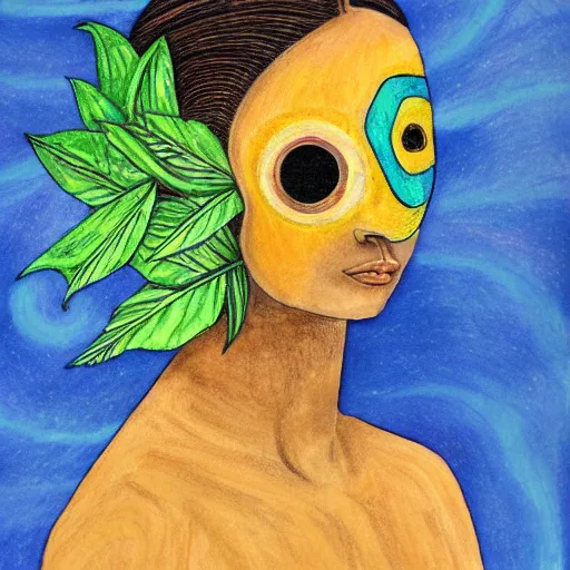 Image similar to Art in the style of Octavia Ocampo, Gaia, Mother Earth, side portrait, mask inside mask